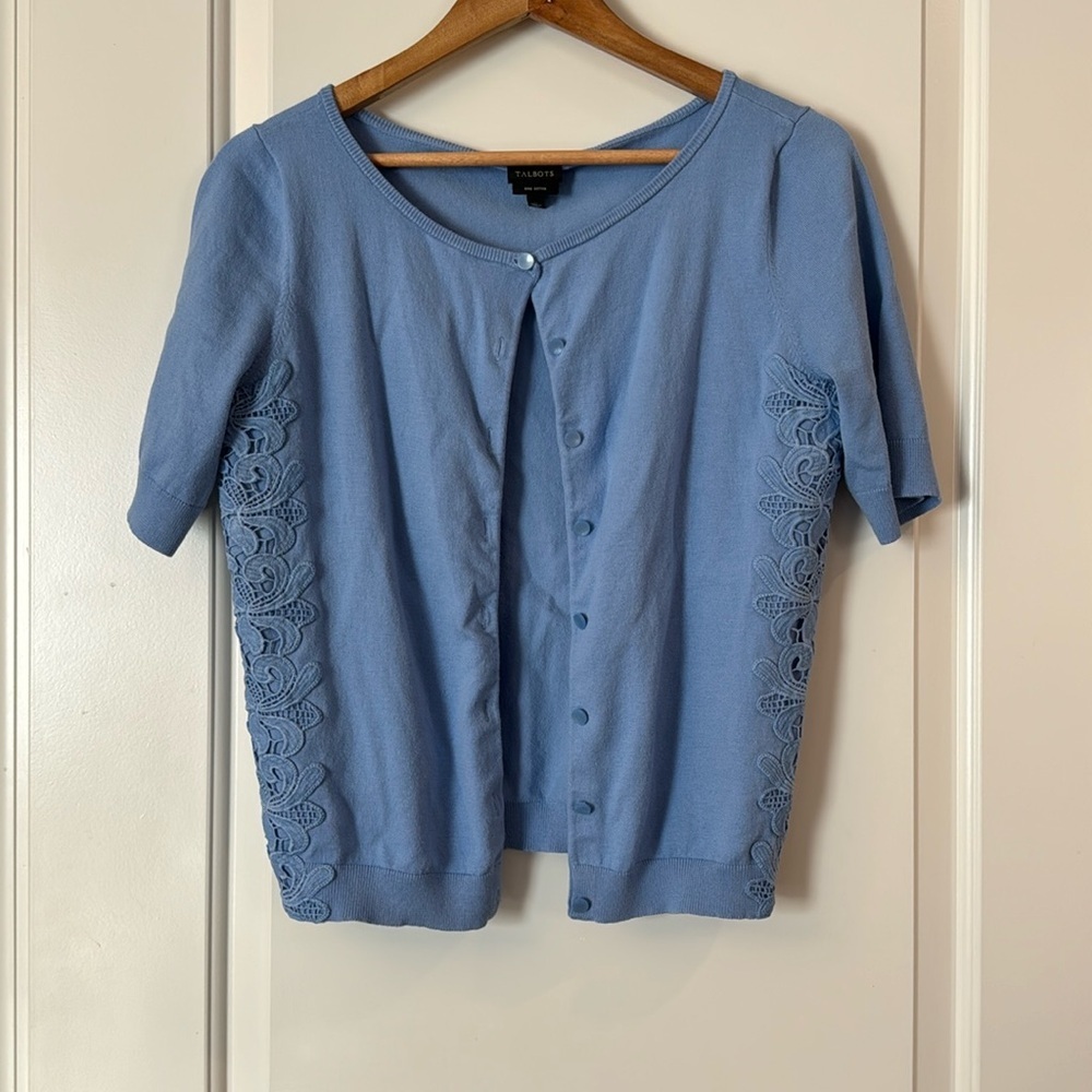 Talbots size Medium blue Cotton-Blend Cardigan Sweater Periwinkle detailed sides